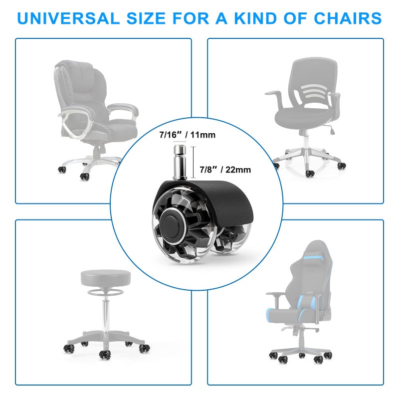 Omyoffice Office Chair Caster Wheels (Set of 5),Heavy-Duty Chair Wheels Support 2200lbs,Mute Rubber Chair Casters for Hardwood Floors and Carpet,2 Inch Universal Fit (Black) - Image 2
